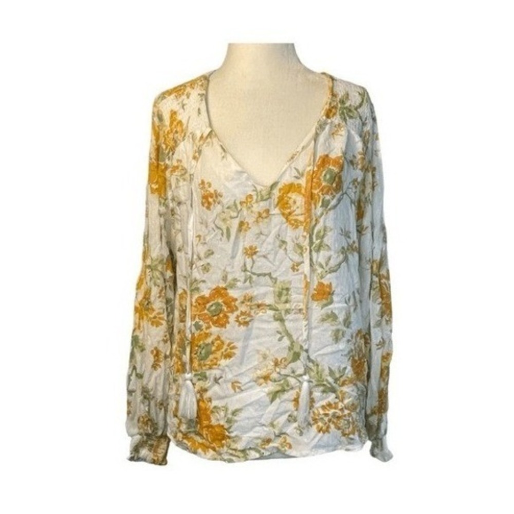 Cynthia Rowley Floral Print Blouse White Orange Yellow Sheer Long Sleeve M